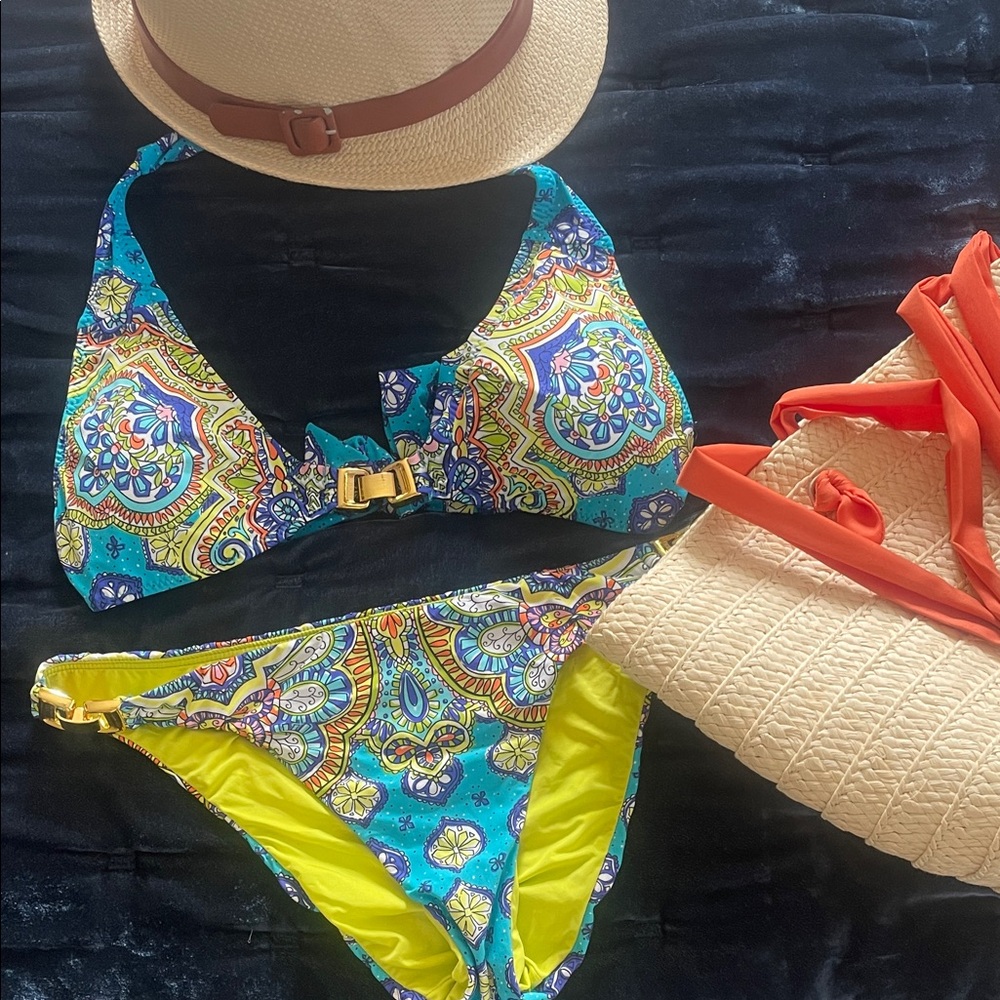 Vibrant Paisley Halter Bikini - Turquoise & Lime